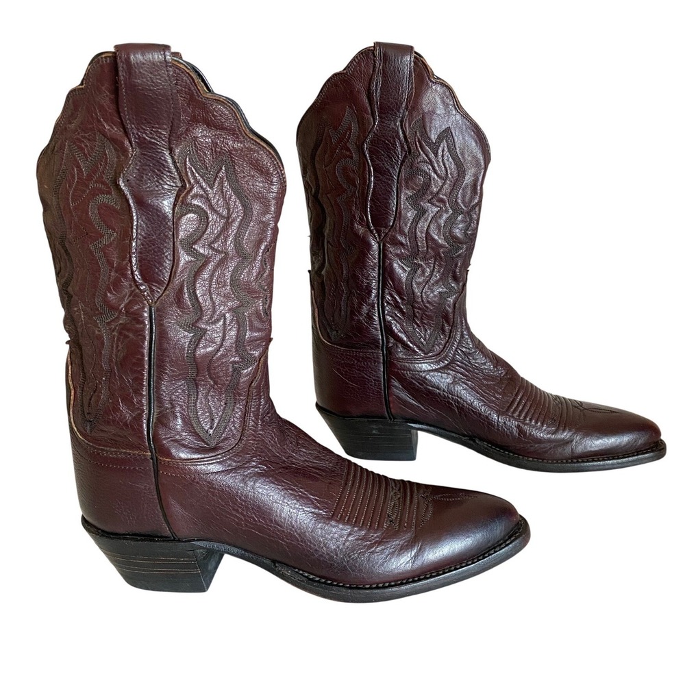 Lucchese Black Cherry Leather Western Cowboy Boots Womens sz 7 B Almond Toe